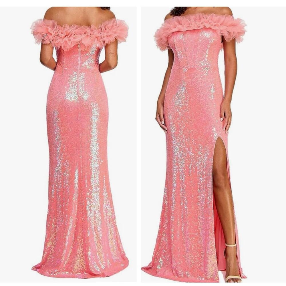 Pear Culture Evening Gown 3 Juniors Formal Prom Dress Pink Sequin Tulle Slit NEW
